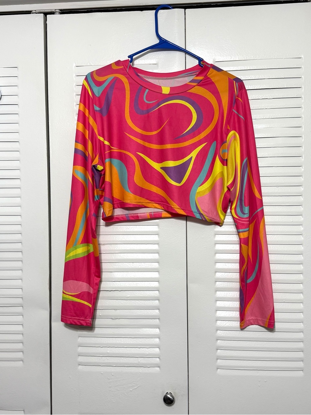 Retro 70s Disco Hippy Neon Swirl Long Sleeve Women’s Crop Top size XL